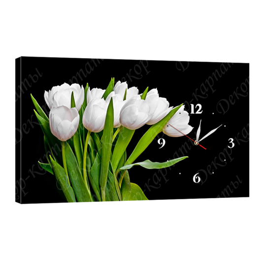 Часы настенные на холсте без стекла Белые тюльпаны 30 см х 53 см