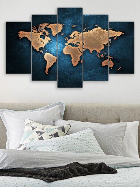Модульная картина большая в гостиную/спальню "Карта мира в голубых тонах" 5 частей 80 x 140 см (MK50043)