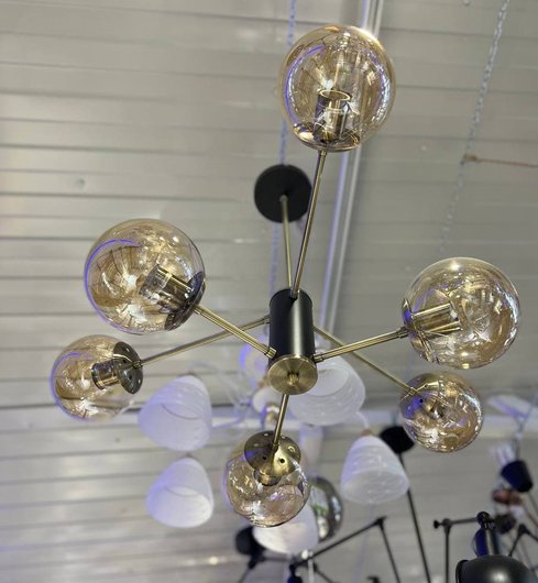 Люстра молекула лофт з бежевыми прозрачными плафонами 6 ламп, Бронза