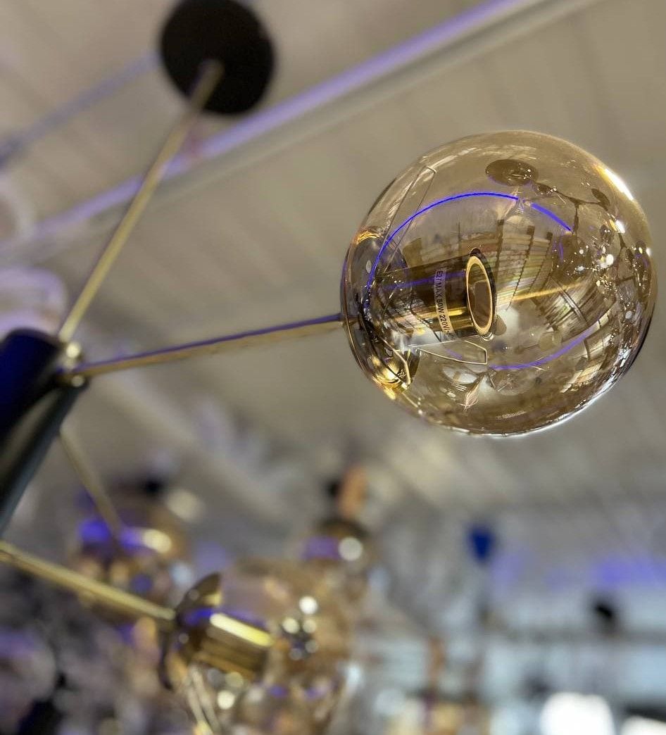 Люстра молекула лофт з бежевыми прозрачными плафонами 6 ламп, Бронза