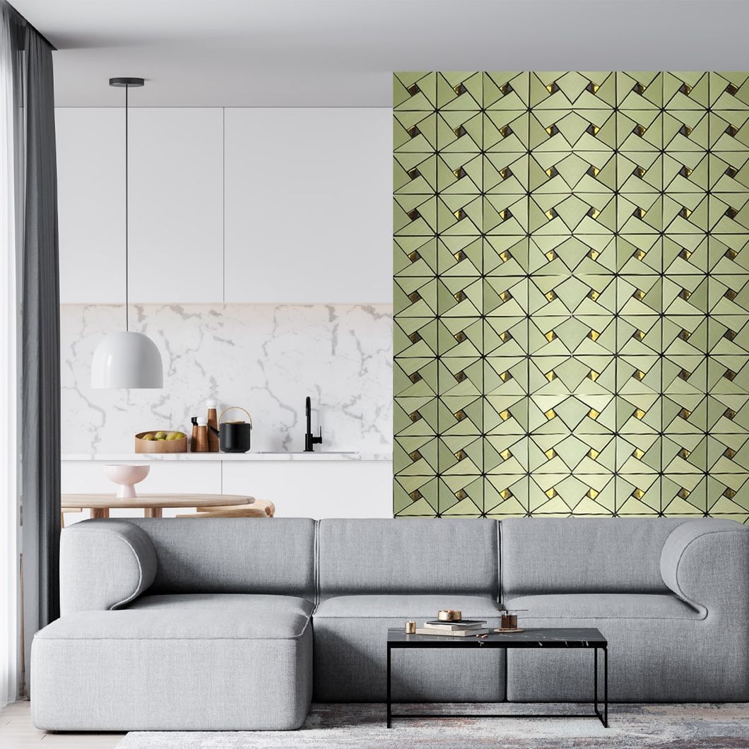 Самоклеюча алюмінієва плитка зелене золото мозаїка зі стразами 300Х300Х3ММ (1172), Зелений, Зелений