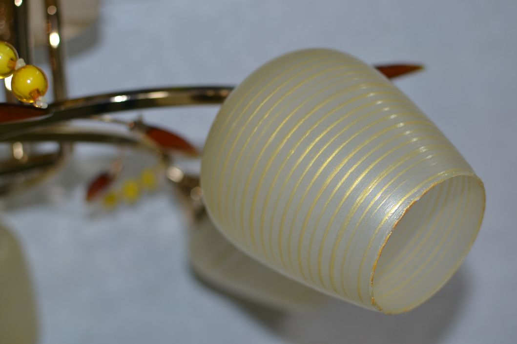 Люстра золото бежевый стеклянный плафон 5 ламп, Золото, Песочный