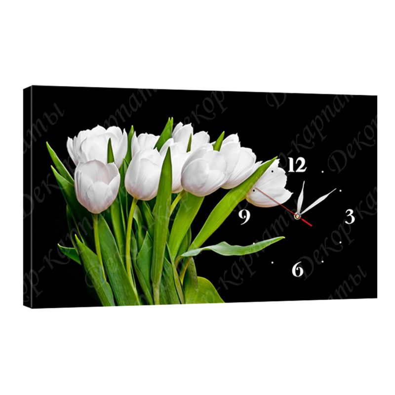 Годинник настінний на полотні без скла Білі тюльпани 30 см х 53 см