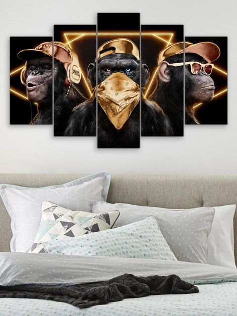 Модульная картина на холсте "Три мудрые обезьяны в золоте" 5 частей 80 x 140 см (MK50214)