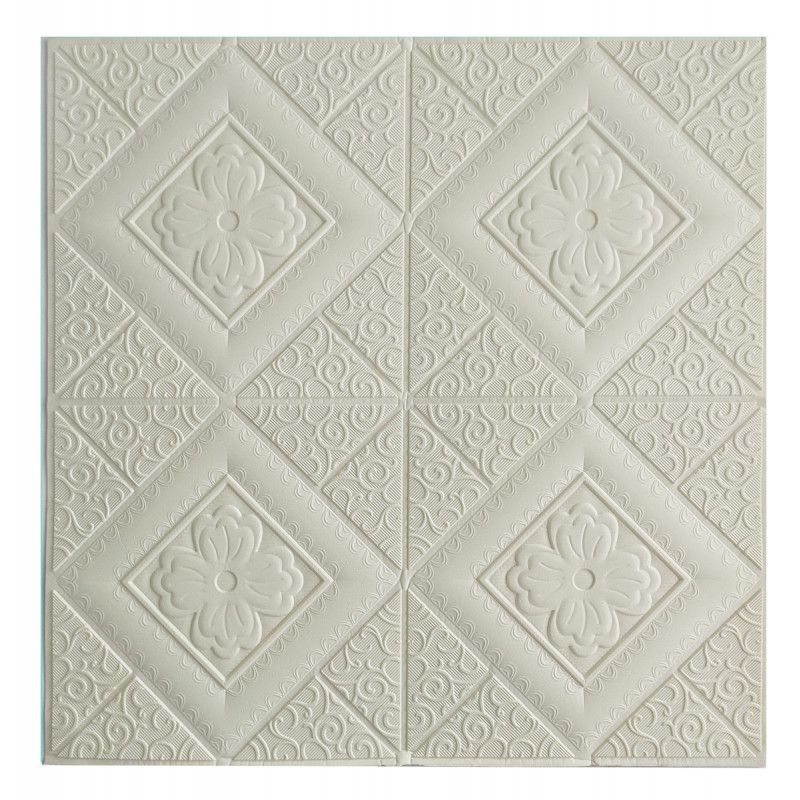 Панель стеновая самоклеящаяся декоративная 3D плитка белый цветок в ромбе 700х700х5мм, Белый
