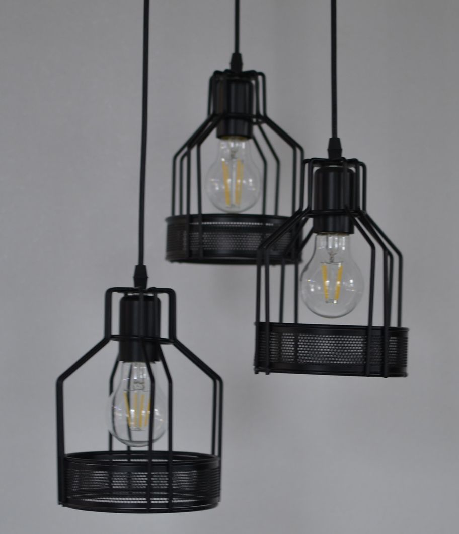 Люстра стиль Лофт подвесная черная металлическая 3 лампы, Черный, Серебристый