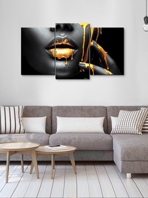 Модульная картина в гостиную/спальню для интерьера "Черно-белая девушка в золоте" 3 части 53 x 100 см (MK30234_E)