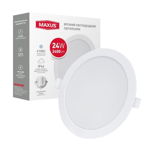 Врезной светодиодный светильник 1-RDL-2441-IP MAXUS RDL 24W 4100K IP44 2400lm, Белый, Белый