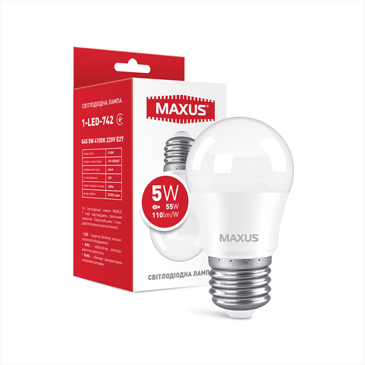 Світодіодна MAXUS 1-LED-742 G45 5W 4100K 220V E27