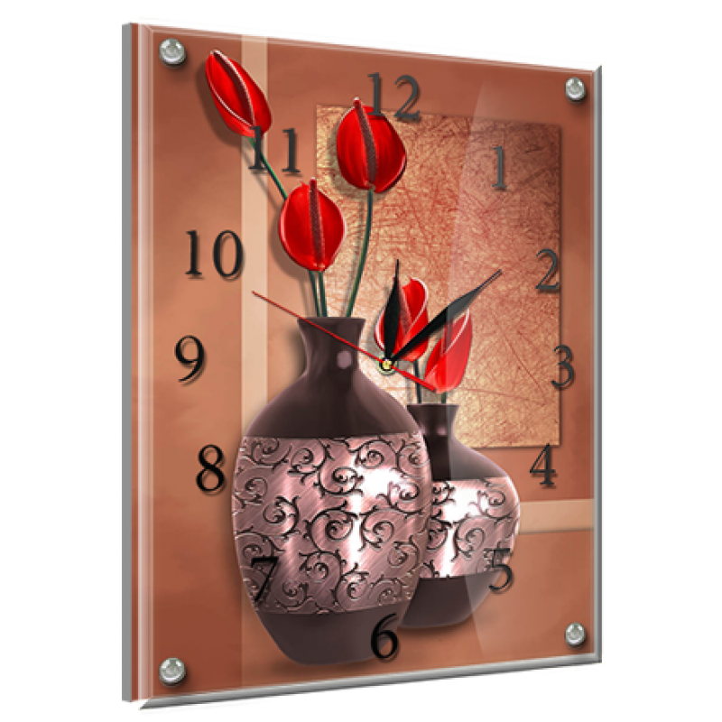 Часы-картина под стеклом Красные цветы 30 см х 40 см