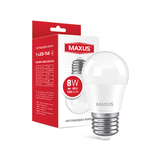 Світлодіодна MAXUS G45 8W 4100K 220V E27 1-LED-748