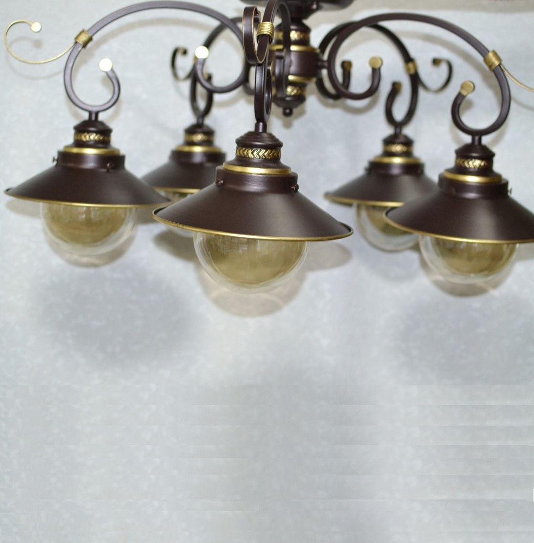 Люстра металлическая коричневая плафон бежевый стекло 5 ламп, Коричневый, Белый