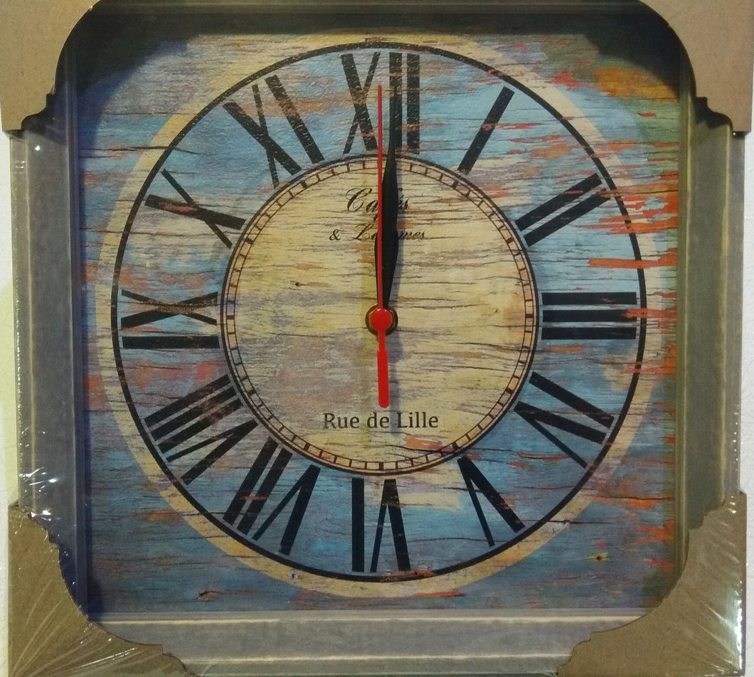 Годинник-картина без скла з дерев'яною рамкою зістарене блакитне дерево 28 см х 28 см