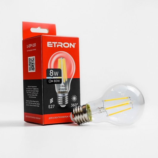 Лампа светодиодная ETRON Filament Power A60 8W 4200K E27 прозрачное стекло