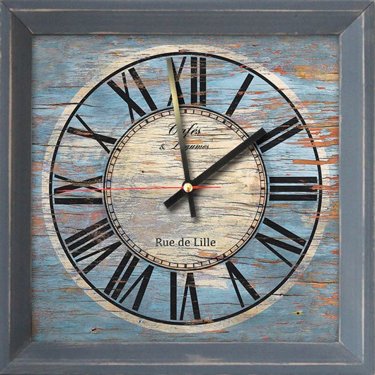 Годинник-картина без скла з дерев'яною рамкою зістарене блакитне дерево 28 см х 28 см