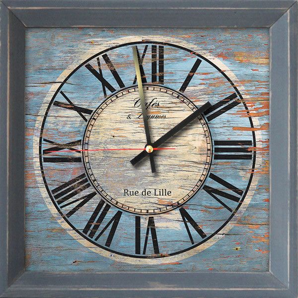 Часы-картина без стекла с деревянной рамкой состаренное голубое дерево 28 см х 28 см