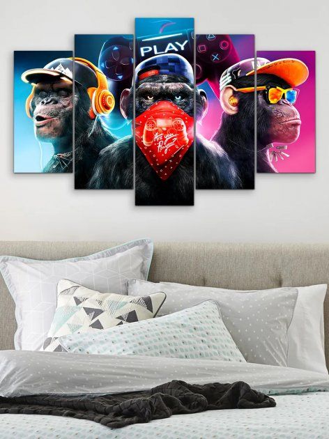 Модульная картина для интерьера на холсте "Три мудрые обезьяны - игровая серия" 5 частей 80 x 140 см (MK50220)