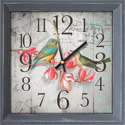 Годинник-картина без скла дерев'яна рамка Пташки 28 см х 28 см