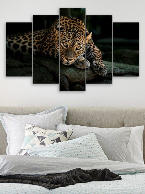 Модульная картина на стену большая в гостиную/спальню для интерьера "Леопард" 5 частей 80 x 140 см (MK50244)