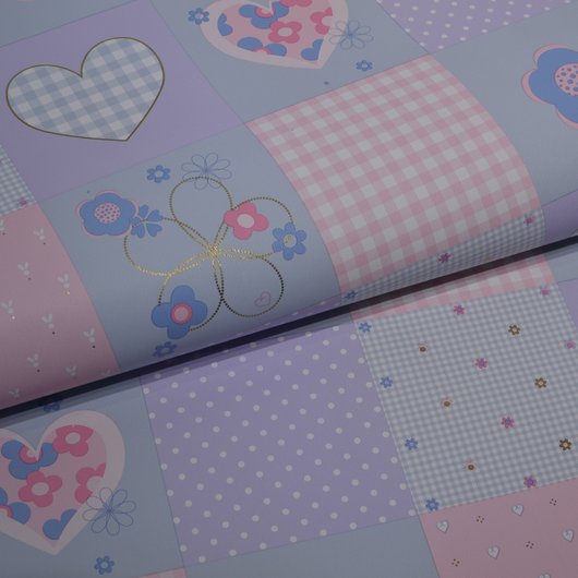 Шпалери для стін паперові рожево-бузкові дитячі квіти квадрати з сердечками 0,53*10м