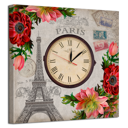 Часы настенные на холсте без стекла Париж цветы 53 см x 53 см