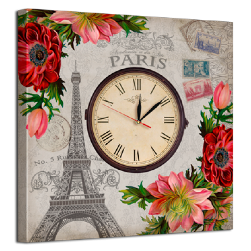 Годинник настінний на полотні без скла Париж квіти 53 см x 53 см