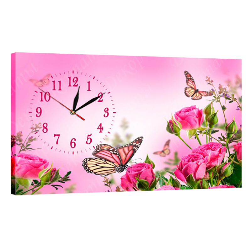 Часы настенные на холсте без стекла Розы с бабочками 30 см х 53 см
