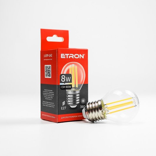 Лампа светодиодная ETRON Filament Power G45 E27 8W 4200K прозрачное стекло USD (1-EFP-142)