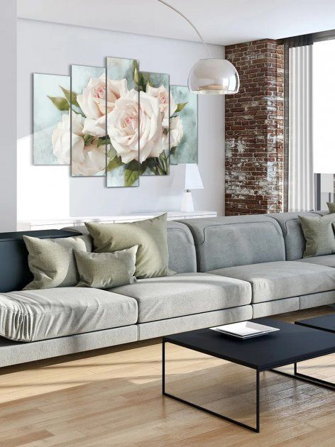 Модульная картина большая в гостиную/спальню "Белые розы" 5 частей 80 x 140 см (MK50181)