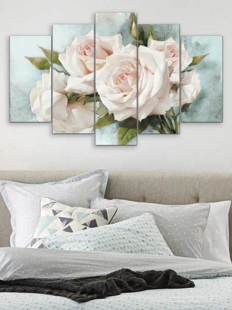Модульная картина большая в гостиную/спальню "Белые розы" 5 частей 80 x 140 см (MK50181)